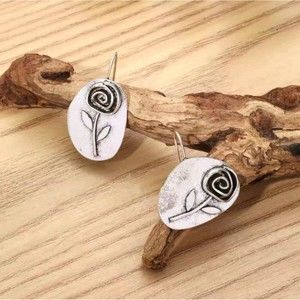 asymmetrical leaf rose antique silver flower drop earrings